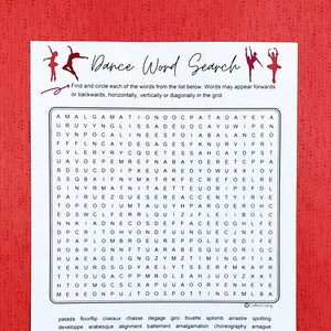 Dance Printable Word Search | Dance Word Puzzle Party Game | Brain Teaser Game | Classroom Home School Family Activity | Vocabulary Game
