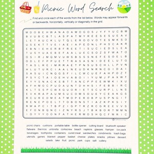 Picnic Printable Word Search | Food Word Puzzle Party Game | Brain ...