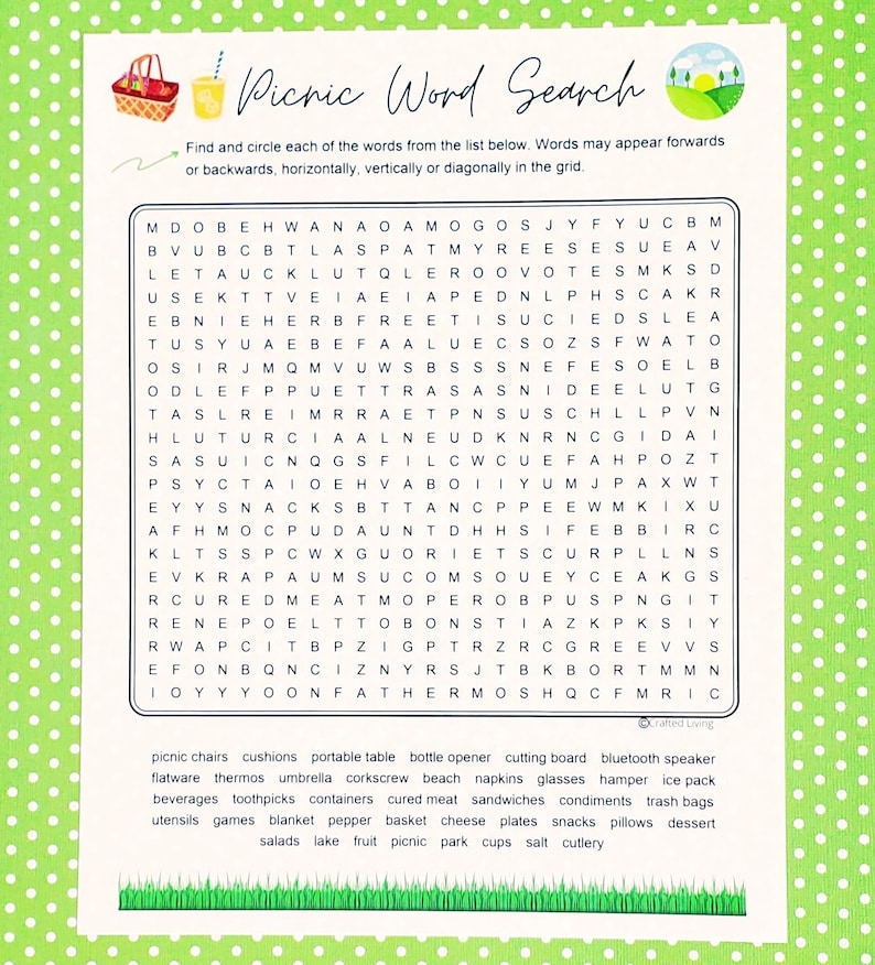Picnic Printable Word Search | Food Word Puzzle Party Game | Brain ...