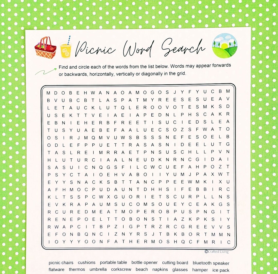 Picnic Printable Word Search Food Word Puzzle Party Game Brain Teaser