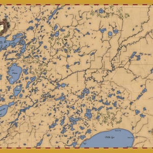 Puede incluir: Un mapa de estilo vintage con numerosos lagos y ríos azules sobre un fondo beige. El mapa incluye un emblema decorativo y una rosa de los vientos. El borde es de color dorado, realzando la estética antigua.