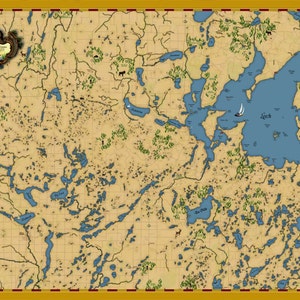 May include: A vintage-style map of a lake region with a compass rose in the lower right corner. The map features numerous lakes and waterways, with the largest lake labeled "Loch". The map is drawn on a parchment-like background with a grid pattern.