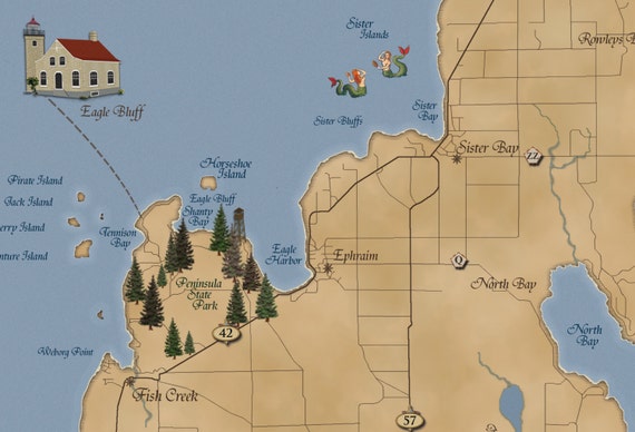 Door County Wi Wisconsin Map Print Etsy