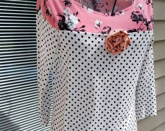 Shabby Chic Pink and White Polka Dots Tunic or Short Gypsy Dress, Pink Valentine Roses Top