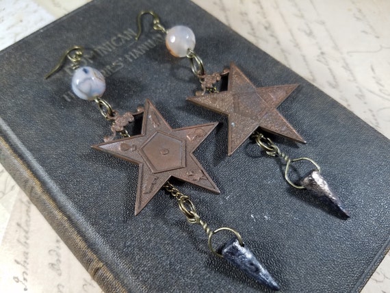Pentagram and Spikes Dangle Earrings; Witchy Earrings; Long Celestial Dangle Earrings; Art Assemblage Star Earrings; Rustic EOS Earring