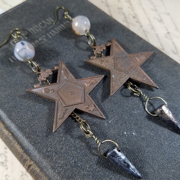 Pentagram and Spikes Dangle Earrings; Witchy Earrings; Long Celestial Dangle Earrings; Art Assemblage Star Earrings; Rustic EOS Earring