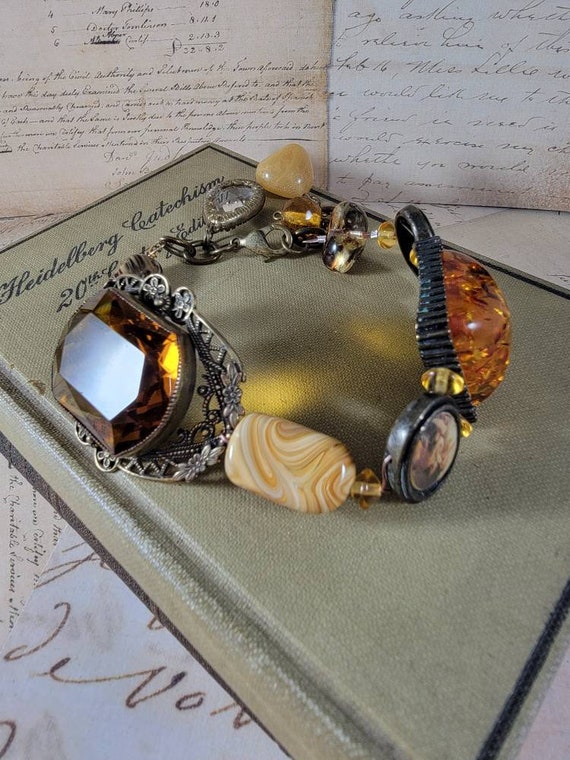 Rust Colored Glass Beaded Art Assemblage Bracelet