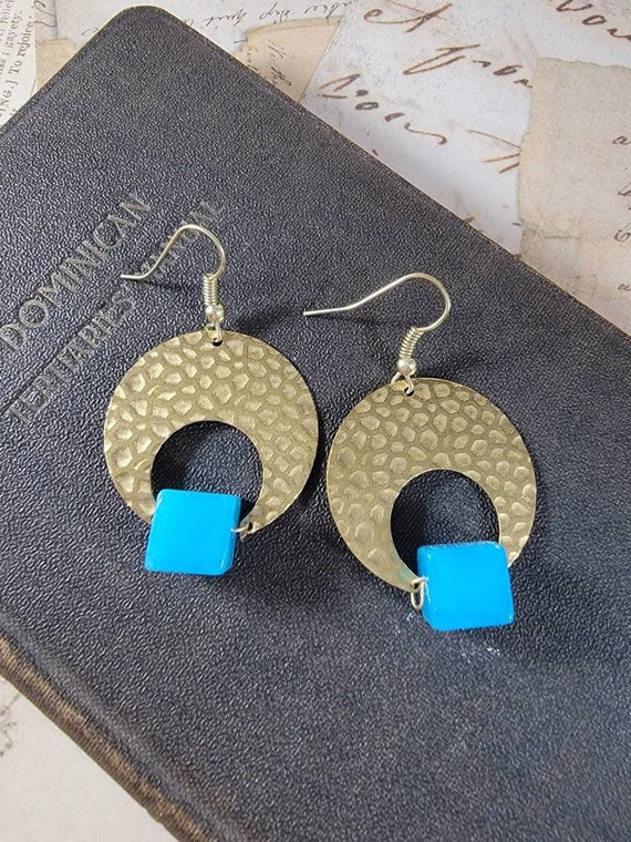 Hammered Brass Hoop Earrings; Carribean Blue Cube Beaded Drop Earrings; Aqua and Brass Hoop Earrings; Turquoise Cube Hoop Earrings