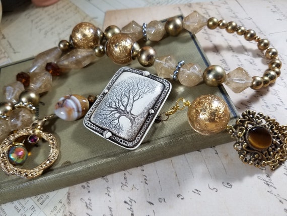 Scrimshaw Tree Assembly Pendant Necklace; Romantic Pendant Necklace; Victorian Assemblage Jewelry; Beige, Brown and Gold Assemblage Pendant