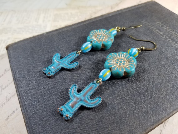 Aqua Cactus Flower Drop Earrings; Southwestern Boho Earrings; Czech Glass Flower Earrings; Cactus Drop Earrings; Southwestern Earrings
