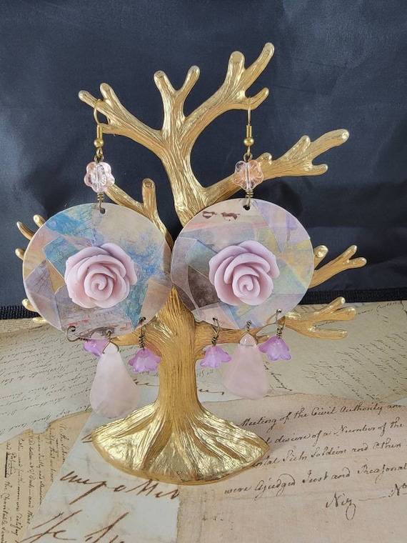 Pink and Lavender Floral Drop Earrings; Rose Daisy Boho Earrings; Pastel Flower Decoupage Earrings; Pink and Orchid Floral Drop Earrings