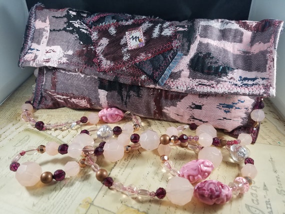Pink Rose Fiber Art  Crossbody Purse or Clutch Bag with Blush Pink Beaded Chain Strap; Small Desert Rose Fabric Sample Bag