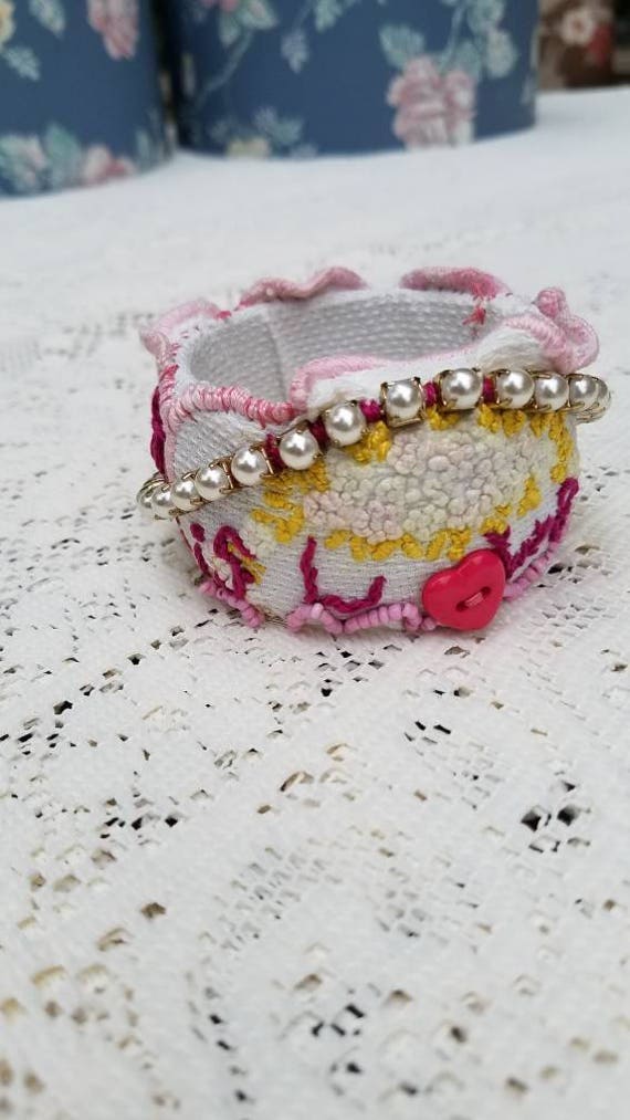 Shabby Chic Upcycled Bracelet, Vintage Embroidery Cuff Bangle Bracelet, Inspirational Love Bracelet, Upcycled Linens Fiber Art Cuff