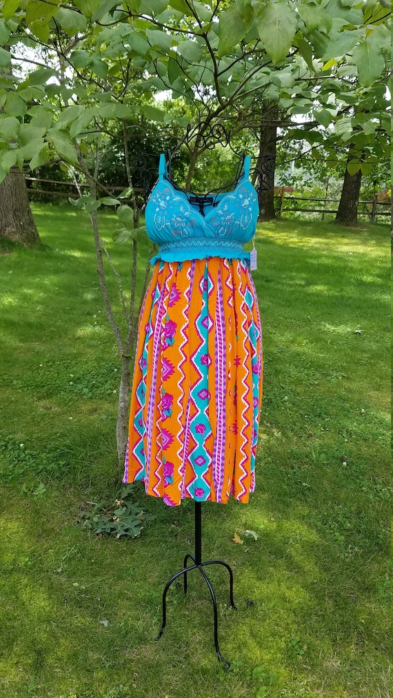 Southwestern Turquoise and Orange Cowgirl Boho Gypsy Sun Dress