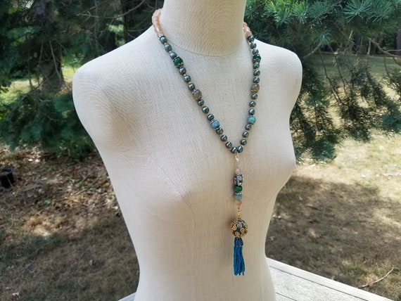 Green Beaded Tassel Pendant Necklace