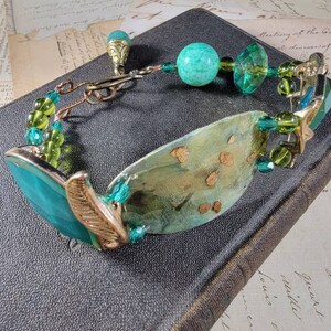 Teal Decoupage Bracelet; Green and Brass  Art Assemblage Bracelet; Earthtone Beaded Bracelet; Victorian Lady Adjustable Bracelet