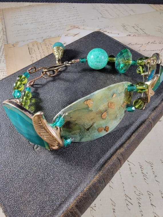 Teal Decoupage Bracelet; Green and Brass  Art Assemblage Bracelet; Earthtone Beaded Bracelet; Victorian Lady Adjustable Bracelet