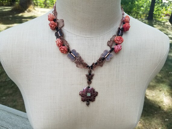Rose Garden Gypsy Boho 20" Beaded Necklace Pendant with Wire Mesh and Silk Ribbon