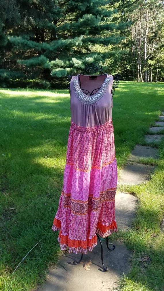 Brown and Pink Beaded Cowgirl Boho Gypsy Dress