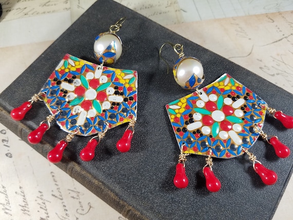 Vintage Tin Dangle Earrings; Boho Chandelier Earrings; Bright Summer Colors Drop Earrings; Majorica Pearl Art Earrings