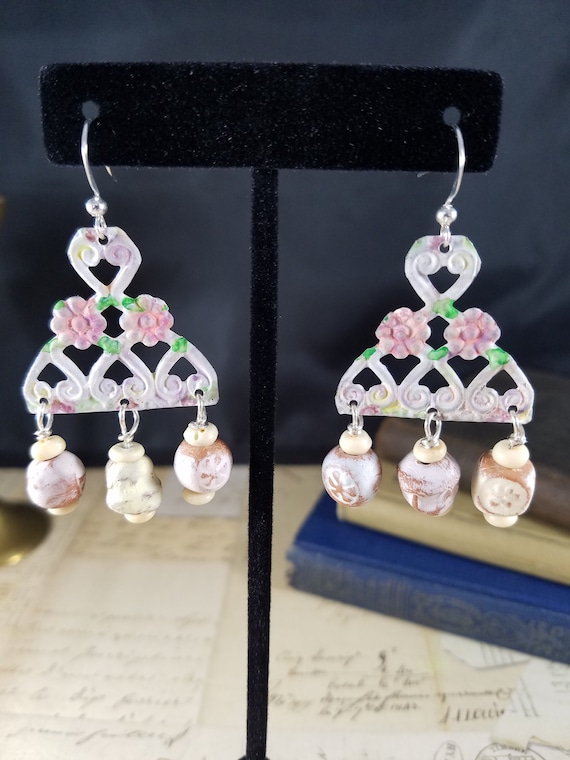 Pastel Rustic Floral Hand-Painted Tin Drop Earrings; White, Pink, Yellow and Green  Beaded Drop Earrings; Spring Earrings; Easter Earrings