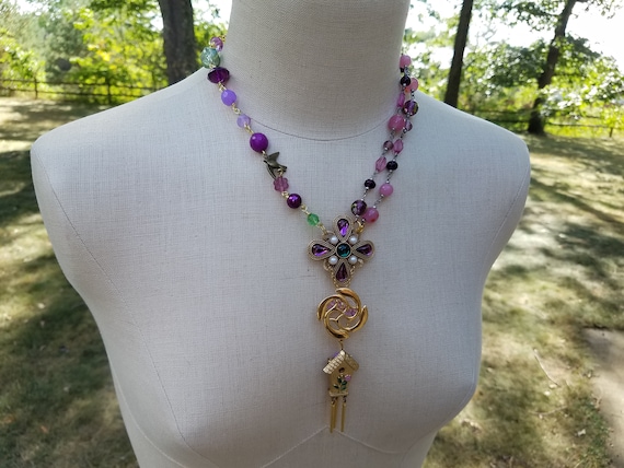 Bird House Vintage Assembly Pendant Necklace; Romantic Pendant Necklace; Shabby Chic Jewelry; Pink and Purple Pendant