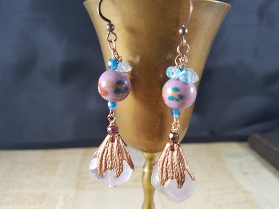 Amethyst and Copper Earrings; Gemstone Boho Purple Drop Earrings; Blue and Purple Floral Beaded Earrings; Art Beaded Dangle Earrings