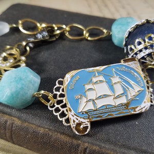 Tall Ships Bracelet; Russian Ship Art Assemblage Bracelet; Mariner Bracelet; Patinaed Brass Sky Blue Sailing Yacht Bracelet; Art Bracelet