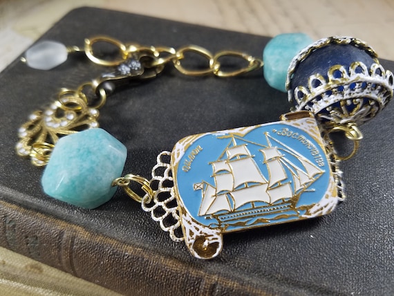 Tall Ships Bracelet; Russian Ship Art Assemblage Bracelet; Mariner Bracelet; Patinaed Brass Sky Blue Sailing Yacht Bracelet; Art Bracelet