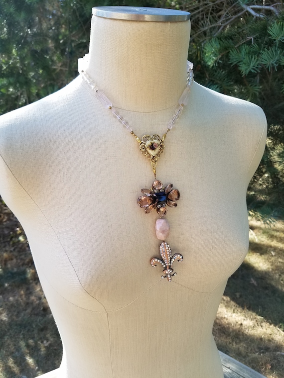 Fleur de Lis Vintage Assembly Pendant Necklace; Romantic Pendant Necklace; Victorian Assemblage Jewelry; Pink Floral Heart Pendant