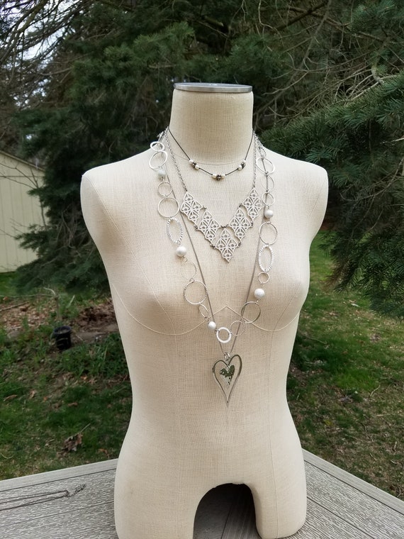 Silver Heart Bohemian Necklaces Jewelry Set #A13;  Boho Necklaces Set; Minimalist Chain Layered Jewelry Lot
