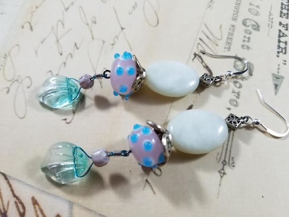 Pink White and Blue Boho Drop Earrings; Lampwork Glass and Beaded Dangle Earrings; Pastel Beaded Drop Earrings; Lampwork Glass Earrings