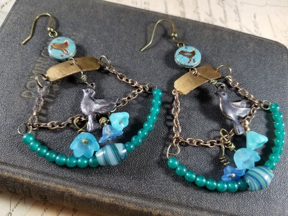 Art Glass Bird Half Hoop Assemblage Earrings; Art Glass Beaded Drop Earrings; Bronze Beaded Floral Earrings; Spring Festival Earrings