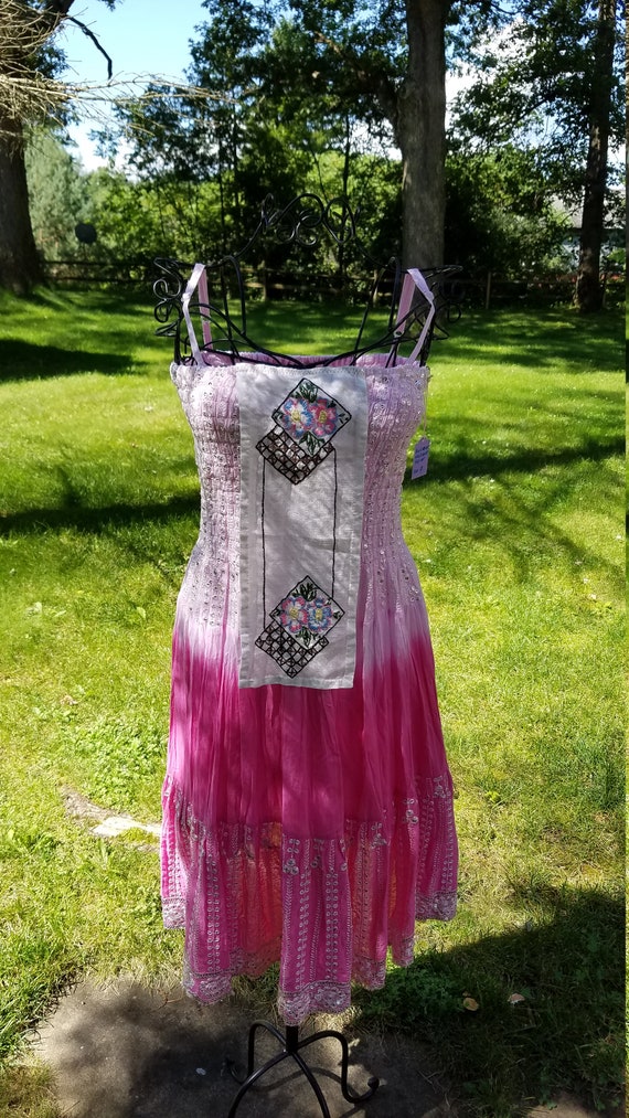 Pink Ombre Shabby Chic Gypsy Boho Fairy Sun Dress, Casual Romantic Short Dress
