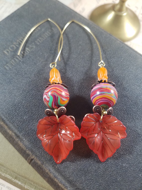 Autumn Leaves Long Dangle Earrings; Fordite Beaded Drop Earrings; Lucite Leaves Beaded Earrings; Fall Festival Earrings