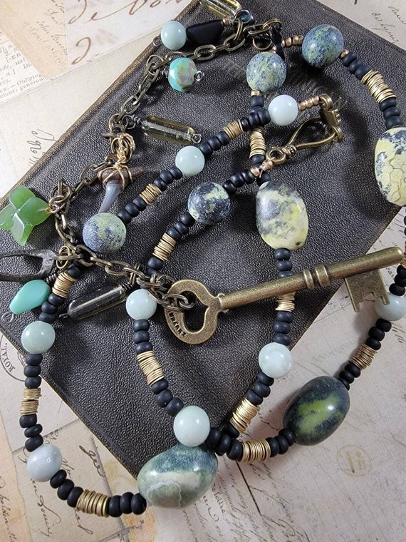 Mossy Greens Brass Key Art Assemblage Necklace; Mixed Media Organic Green Black and Brass Pendant; Art Charms Gemstone and Chain Necklace