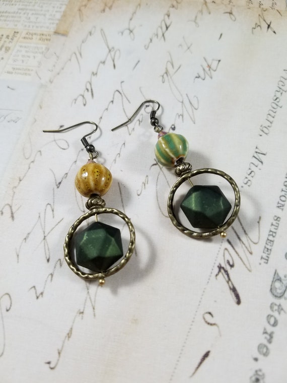 Yellow and Green Pumpkin Drop Earrings; Green Beaded Dangle Earrings; Artisan Assemetric Beaded Drop Earrings; Ceramic Dangle Hoop Earrings