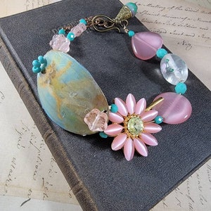 Pink Decoupage Bracelet; Pink and Brass  Art Assemblage Bracelet; Floral Beaded Bracelet; Victorian Girl Adjustable Bracelet
