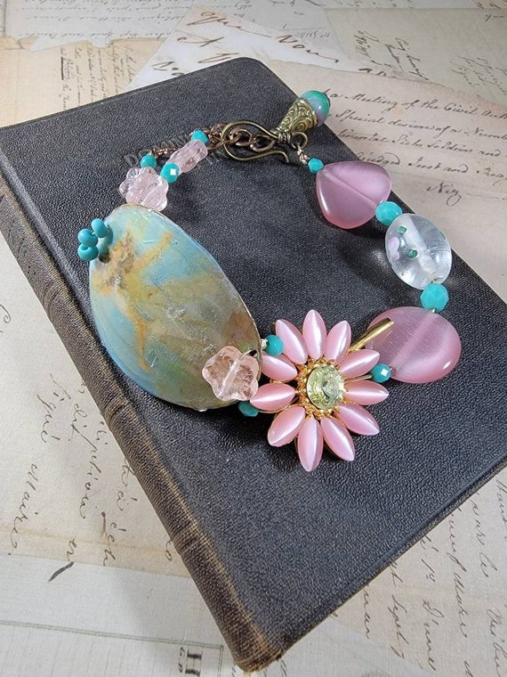 Pink Decoupage Bracelet; Pink and Brass  Art Assemblage Bracelet; Floral Beaded Bracelet; Victorian Girl Adjustable Bracelet
