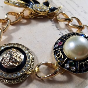 Vintage Clip Earring  Assemblage Bracelet; Rhinestone and Faux Pearl Charm Bracelet; Brass Charm Bracelet; Brass Chain Bracelet