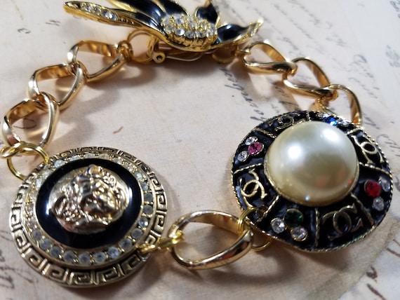 Vintage Clip Earring  Assemblage Bracelet; Rhinestone and Faux Pearl Charm Bracelet; Brass Charm Bracelet; Brass Chain Bracelet