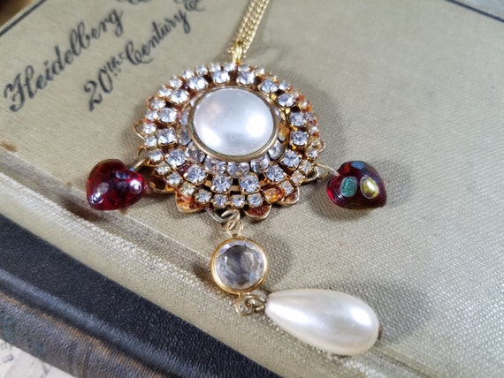 Hearts and Pearls Necklace with Rhinestones; Valentine Necklace; Shabby Chic Pendant; Assemblage Jewelry; Pearl Pendant Necklace