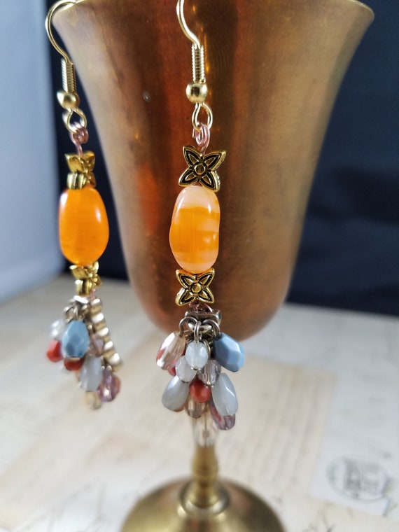 Autumn Colors Beaded Dangle Earrings; Orange Beaded Drop Earrings; Orange, Blue, Cream Beaded Cluster Dangle Earrings