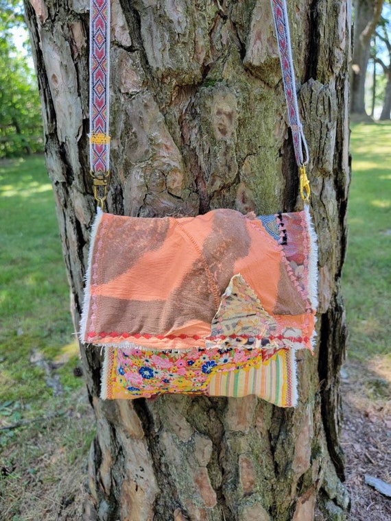 Fiber Art Boho Tribal Technology Cross Body Handbag for Ipad, Tablet, Kindle,Smartphone, HP Mini; Crazy Quilted Patchwork Crossbody Bag
