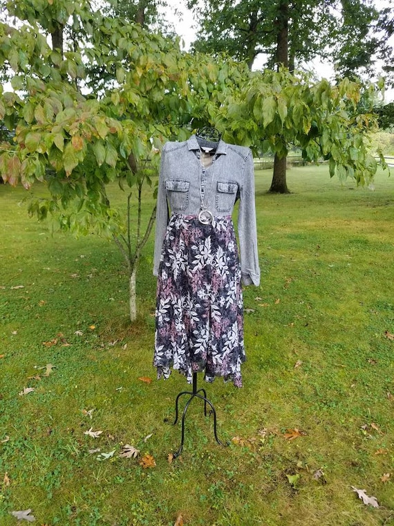 Grey Distressed Chambray and Black and Pink Flowy Floral Dress; Upcycled Clothing Dress; Boho Dress; Shabby Chic Dress