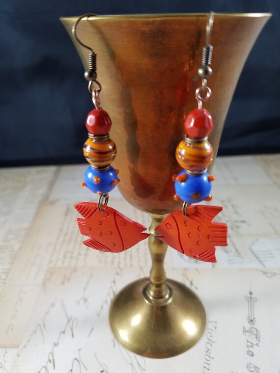 Orange Fish Drop Earrings; Lampwork and Wooden Fish Beaded Dangle Earrings; Angel Fish Beaded Drop Earrings; Orange and Blue Dangle Earrings