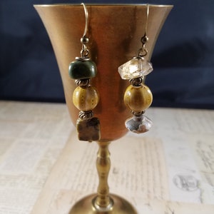 Olive Green and Mustard Yellow Pumpkin Drop Earrings; Semiprecious Stone Dangle Earrings; Assemetrical Earrings; Ceramic Dangle Earrings