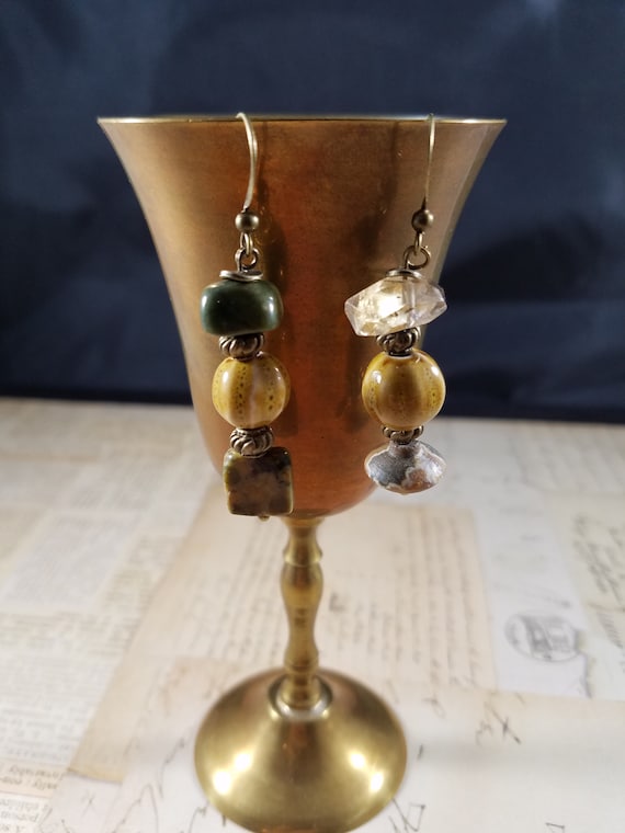 Olive Green and Mustard Yellow Pumpkin Drop Earrings; Semiprecious Stone Dangle Earrings; Assemetrical Earrings; Ceramic Dangle Earrings