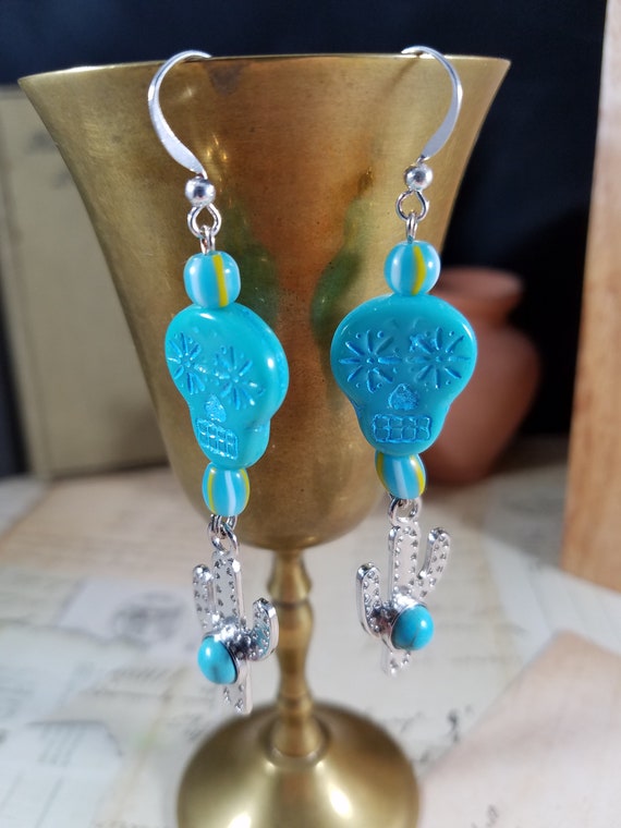 Aqua Sugar Skull Drop Earrings; Day of Dead Boho Earrings; Czech Glass Sugar Skull Earrings; Cactus Drop Earrings; Southwestern Earrings