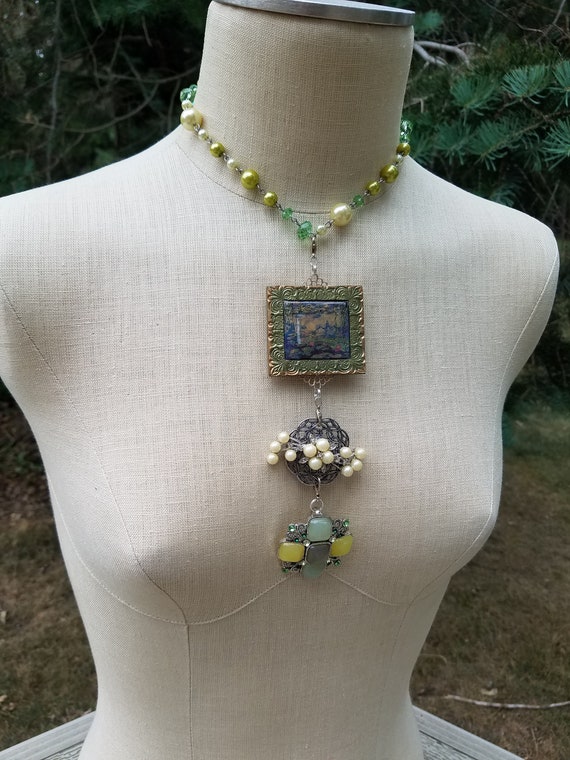 Green Pearl Vintage Assembly Pendant Necklace; Memory Totem Pendant Necklace; Shabby Chic Jewelry; Long Yellow Green Faux Pearls Pendant